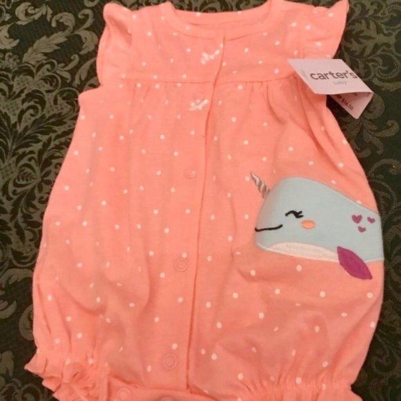 NWT 6m carters whale dolphin romper girls layette easter mothers day shortalls - Picture 1 of 5